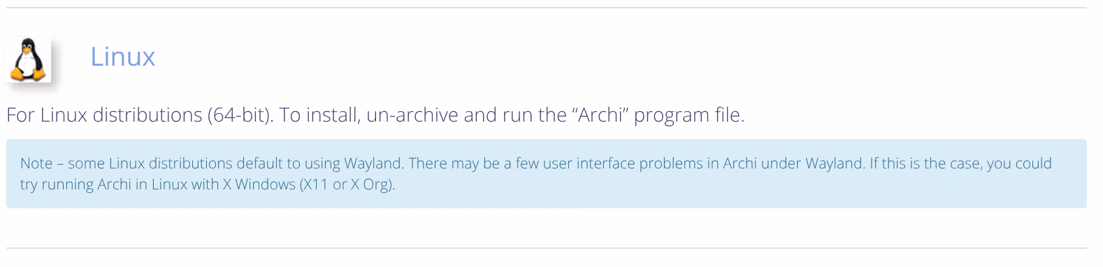 Archi download page - Linux version with Wayland note