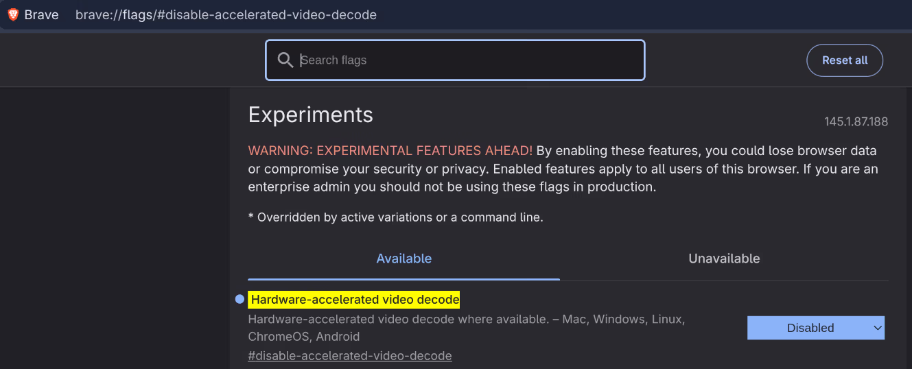 brave://flags - Hardware-accelerated video decode disabled