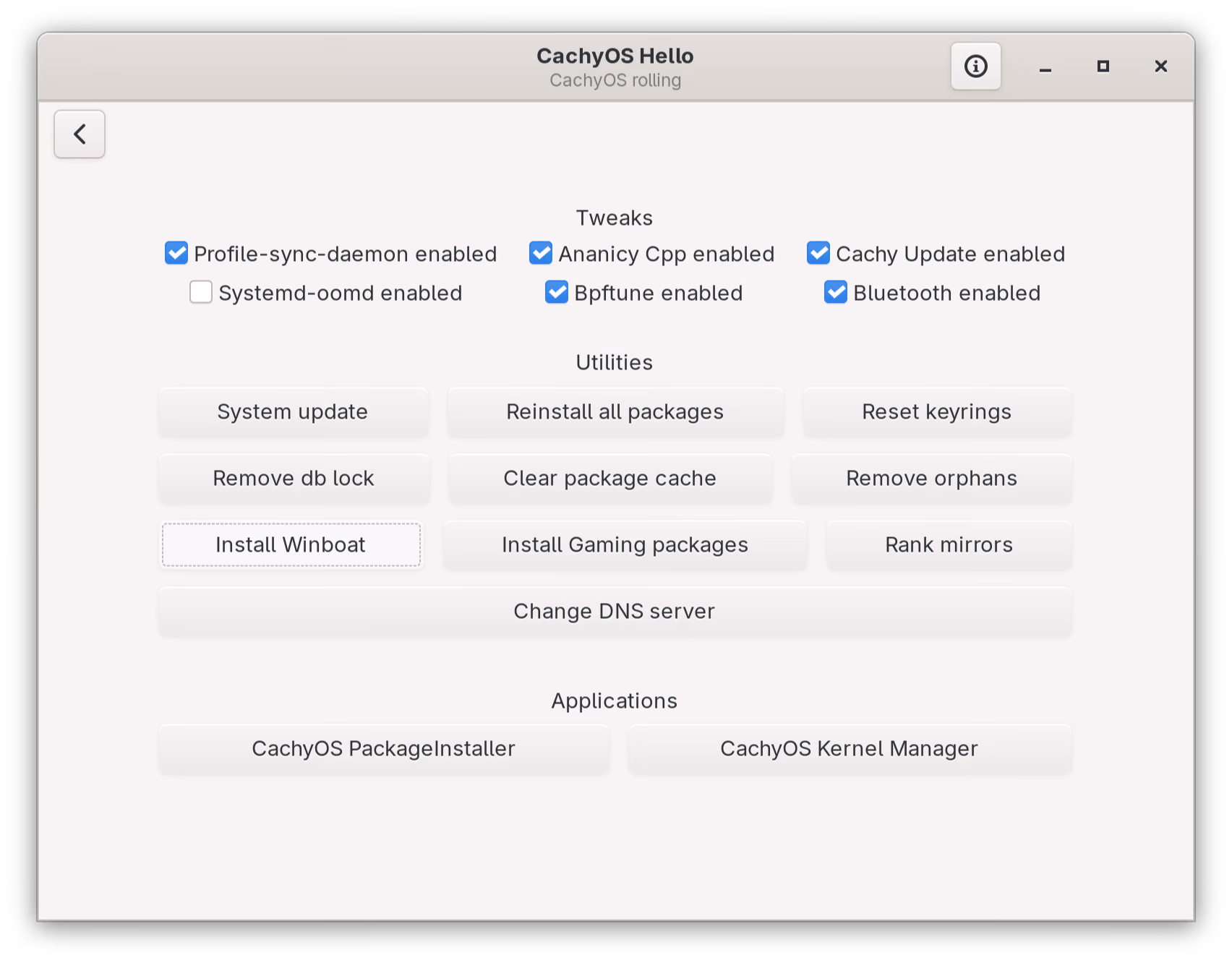 CachyOS Hello: Install Winboat button under Utilities