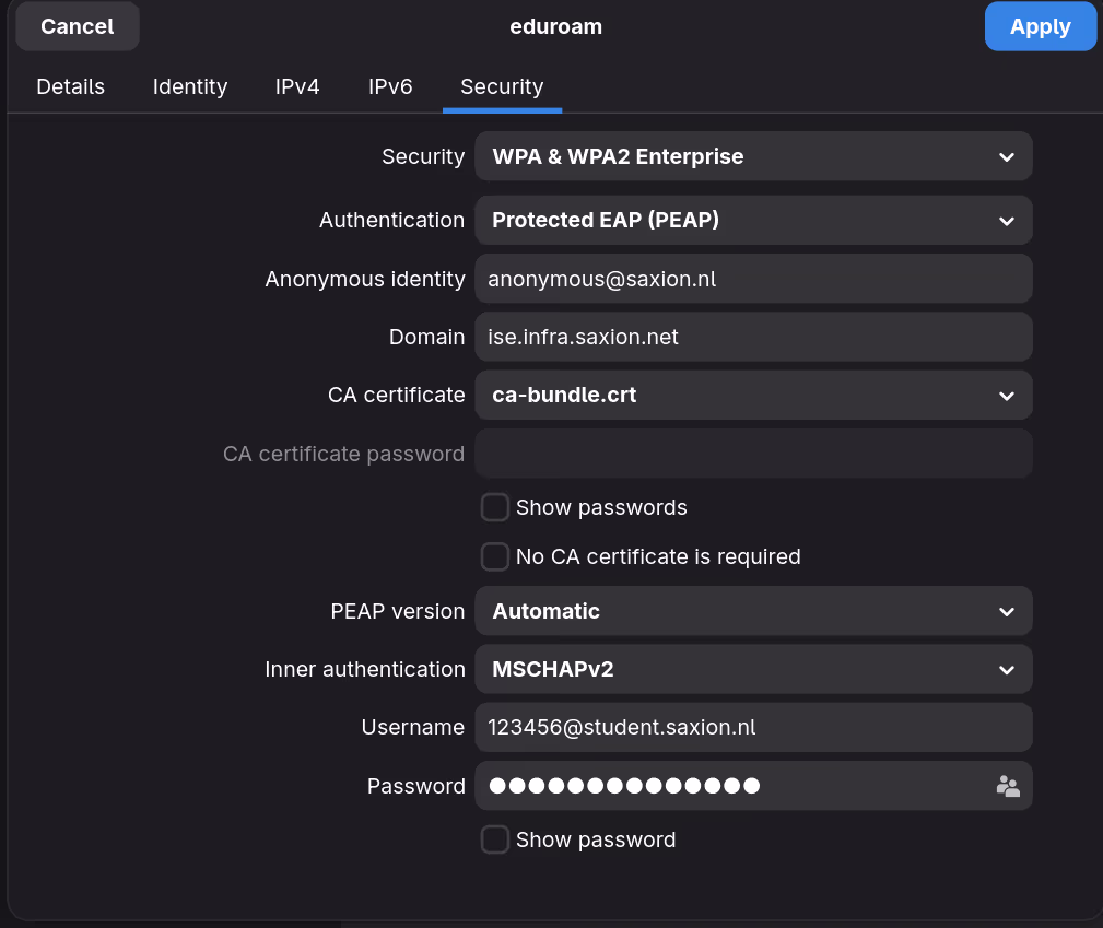 GNOME Settings eduroam Security tab