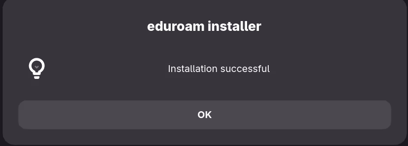 eduroam installer showing installation successful