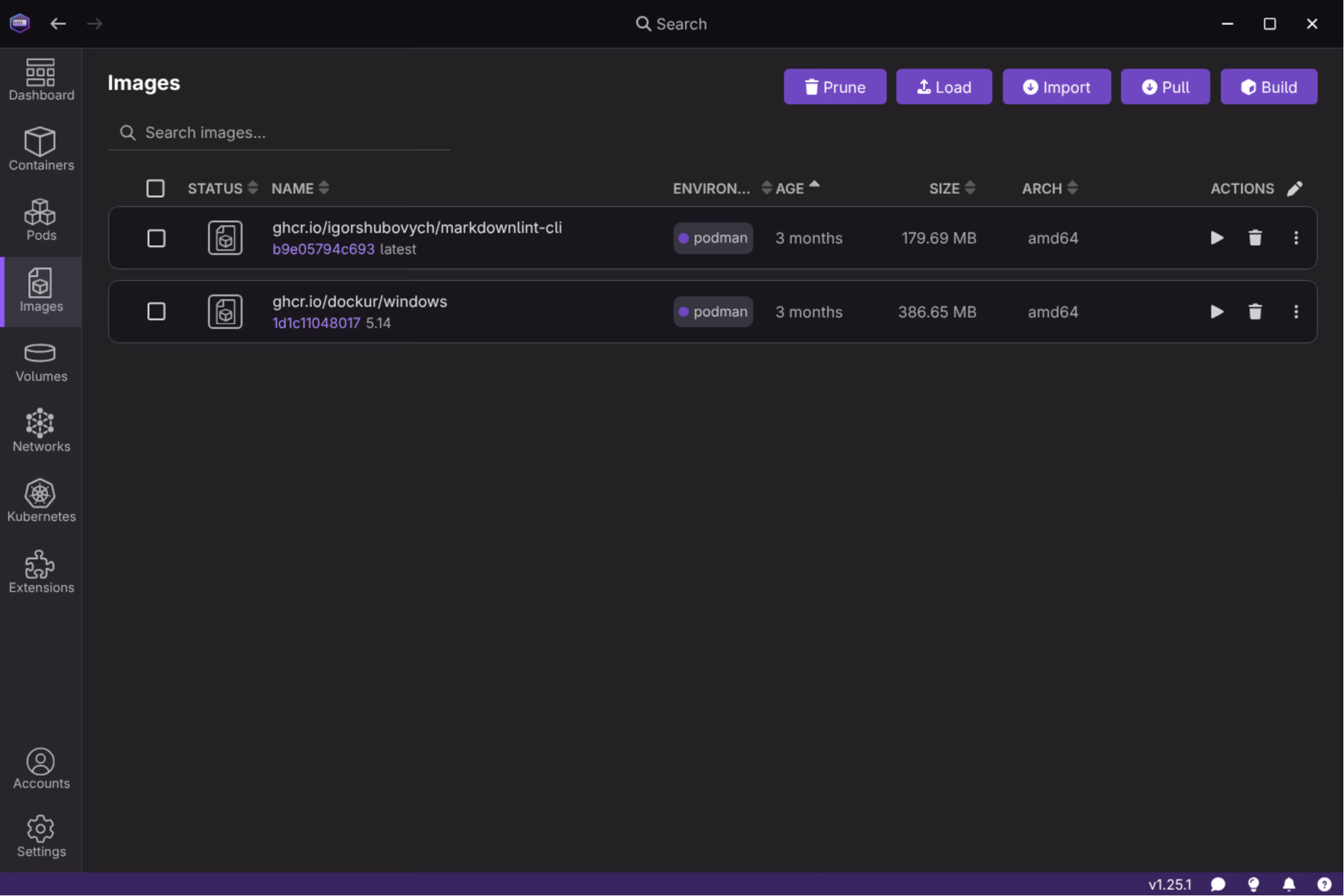 Podman Desktop Images view - ghcr.io images listed