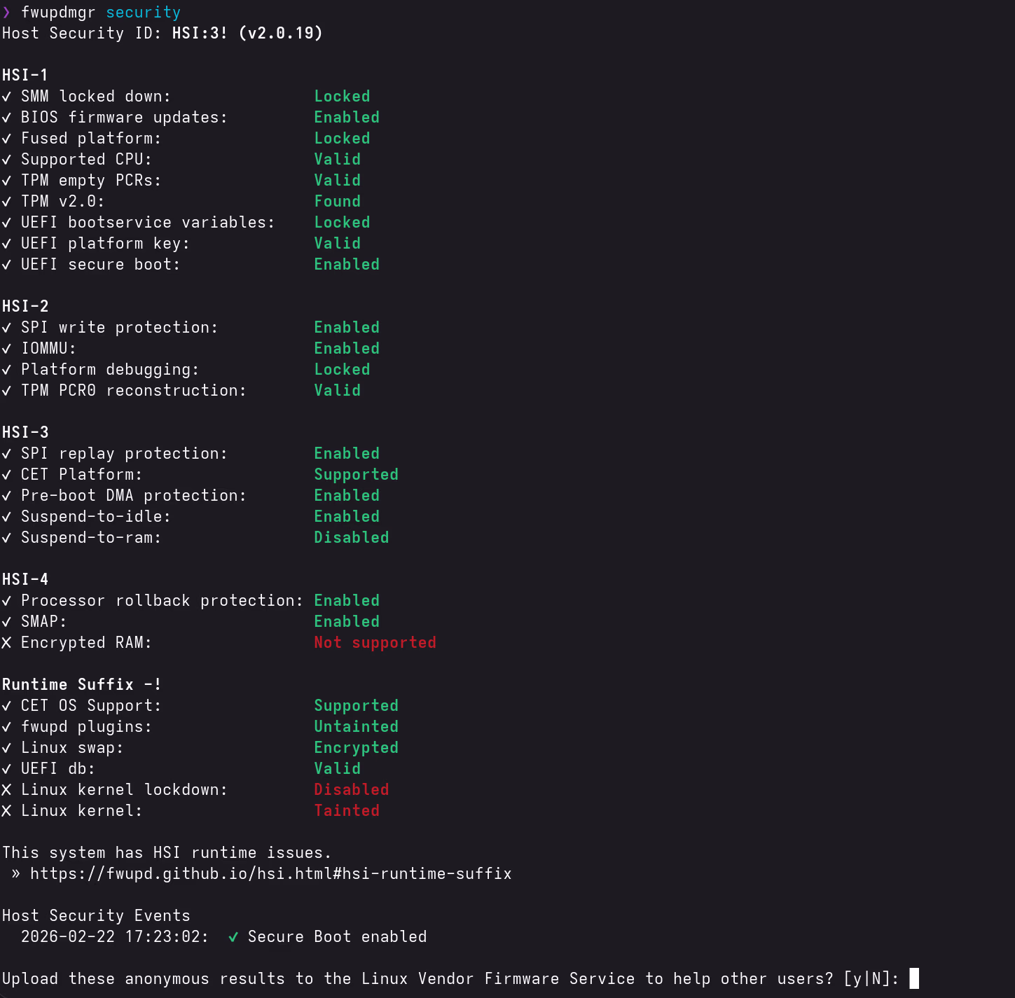 fwupdmgr security output after enabling Secure Boot - HSI:3 with UEFI Secure Boot now passing under HSI-1