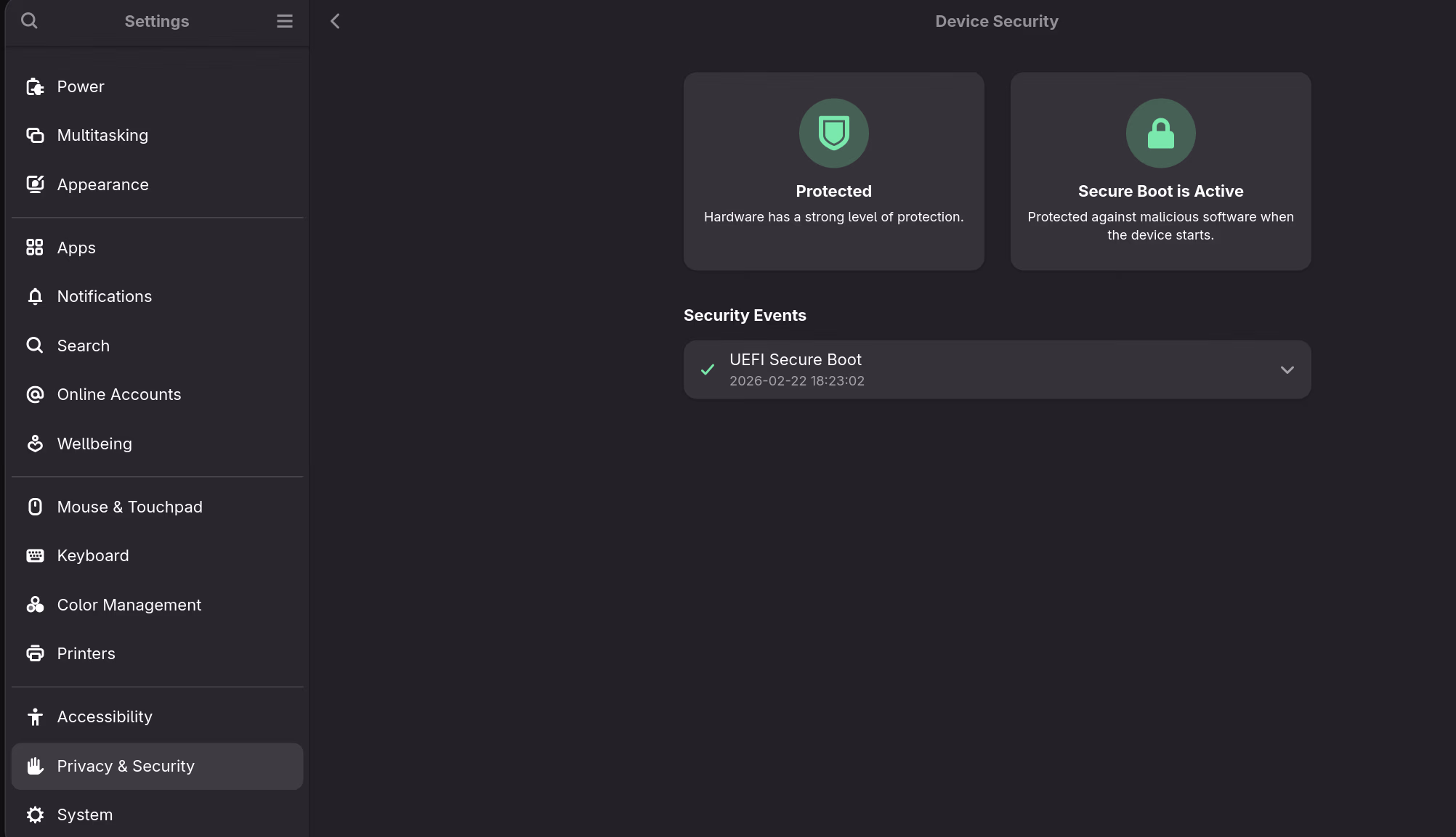 GNOME Device Security showing Protected and Secure Boot is Active