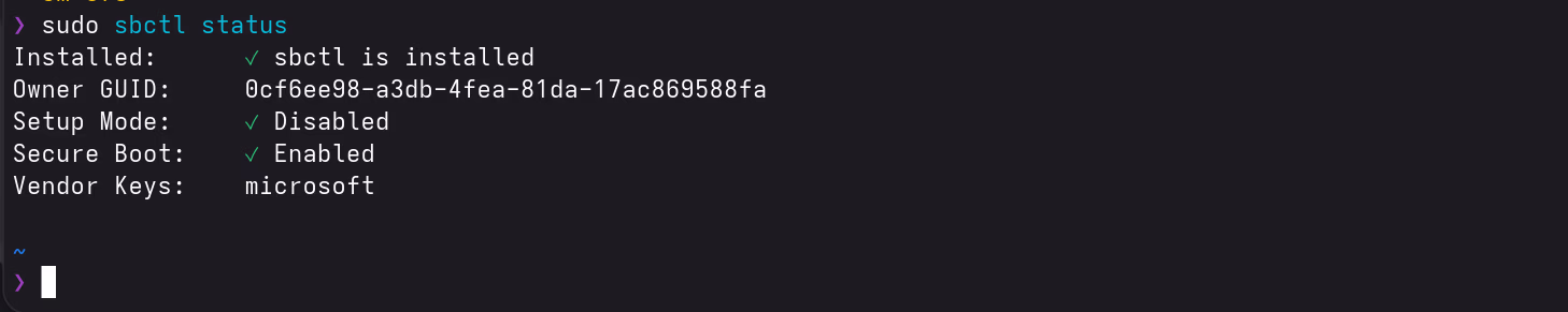 sbctl status confirming Secure Boot is enabled and Setup Mode is disabled