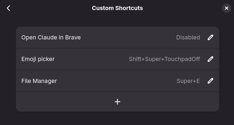 Custom shortcuts list showing Emoji picker entry