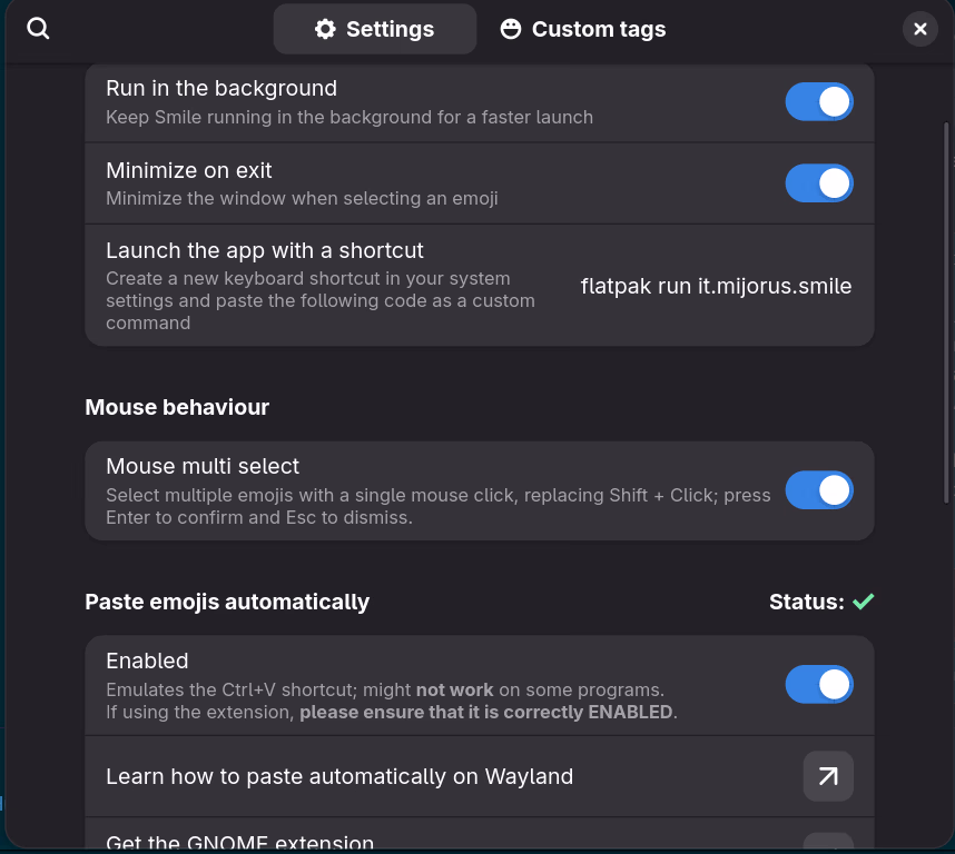 Smile settings - run in background, minimize on exit