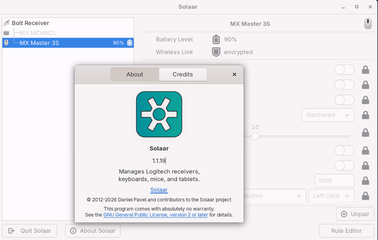 Solaar about screen - version 1.1.19