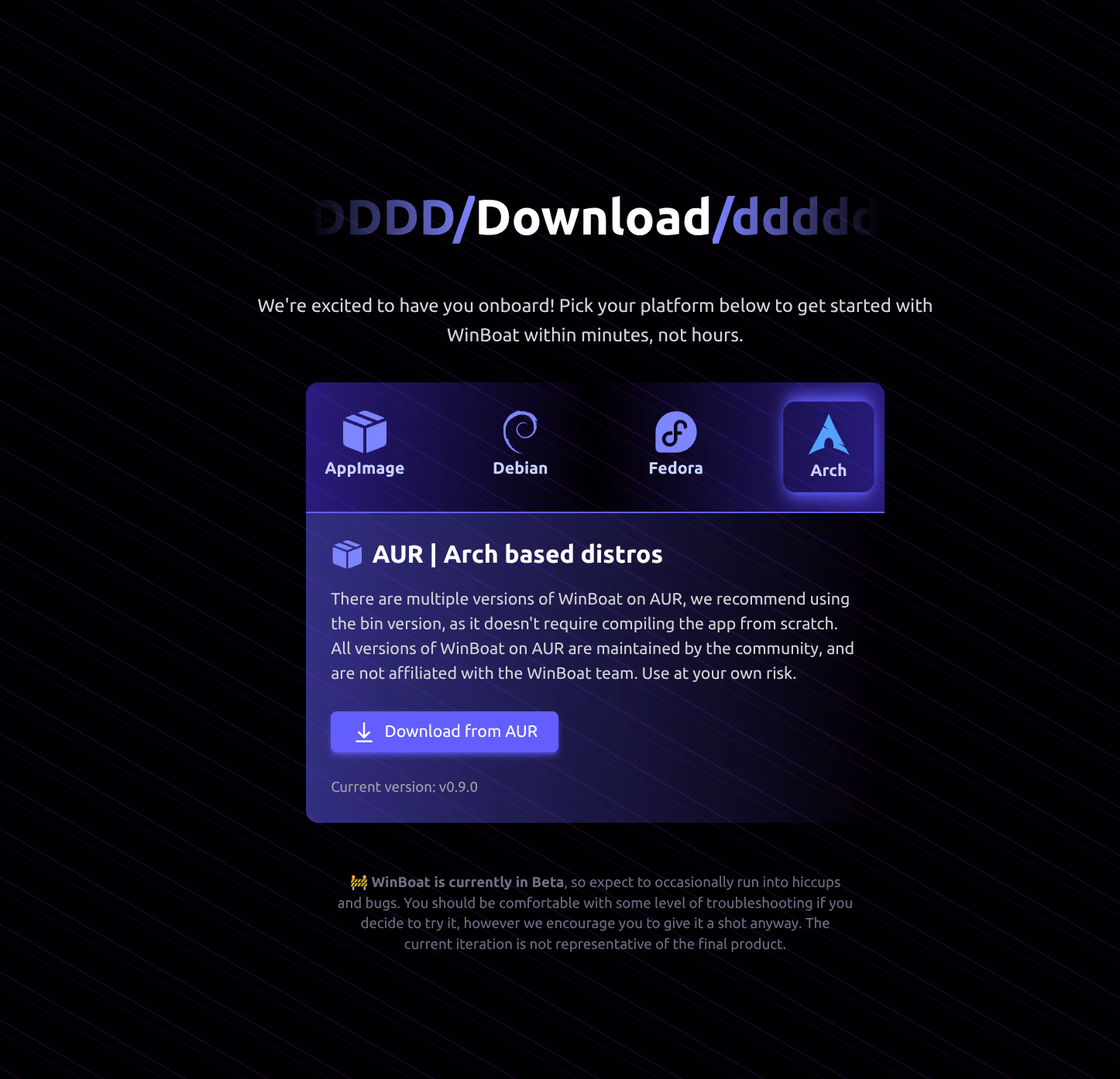 WinBoat download page showing Arch/AUR install options