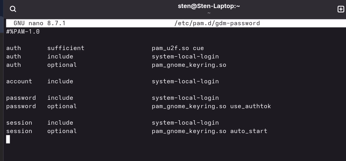 nano editing /etc/pam.d/gdm-password with pam_u2f.so configured