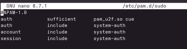 nano editing /etc/pam.d/sudo with pam_u2f.so configured